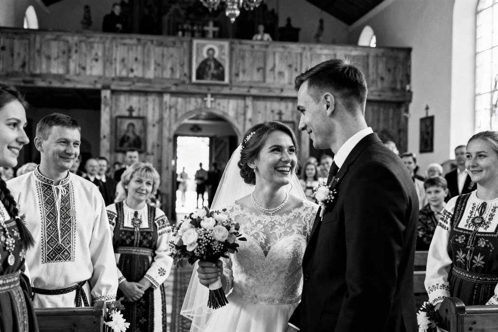 Ślub kościelny - czarno-biała fotografia